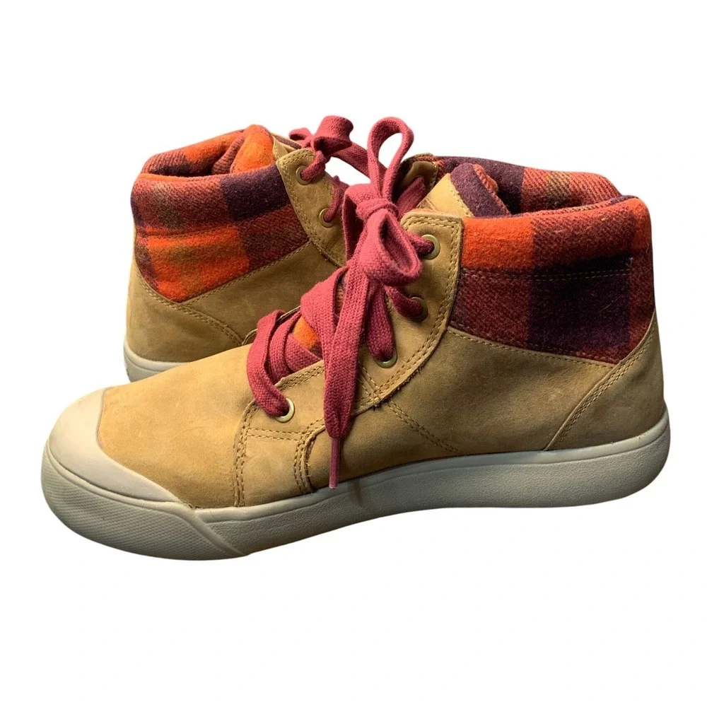 KEEN Women's Casual High Top‎ Sneakers Tan Plaid Lined Lace Up Shoes Size 8.5